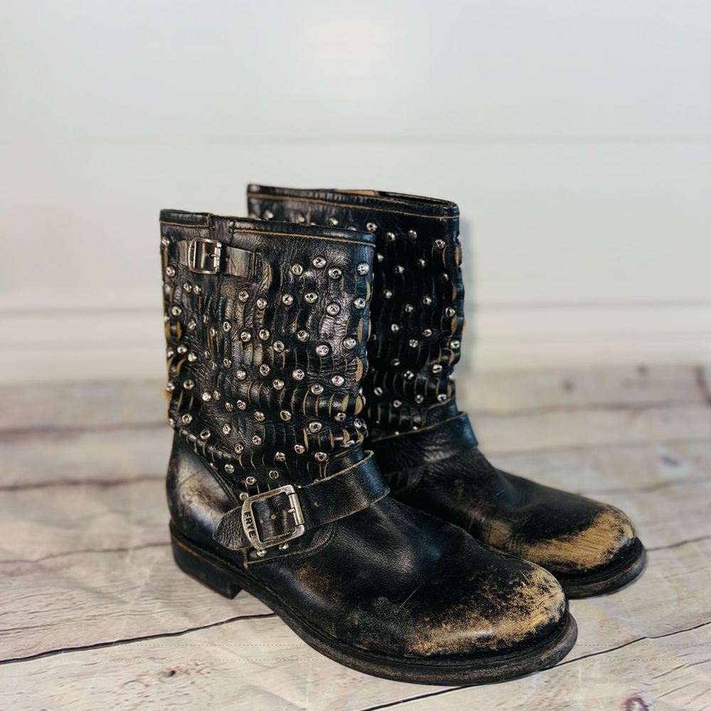 Frye Jenna black moto boots with rhinestones size 9